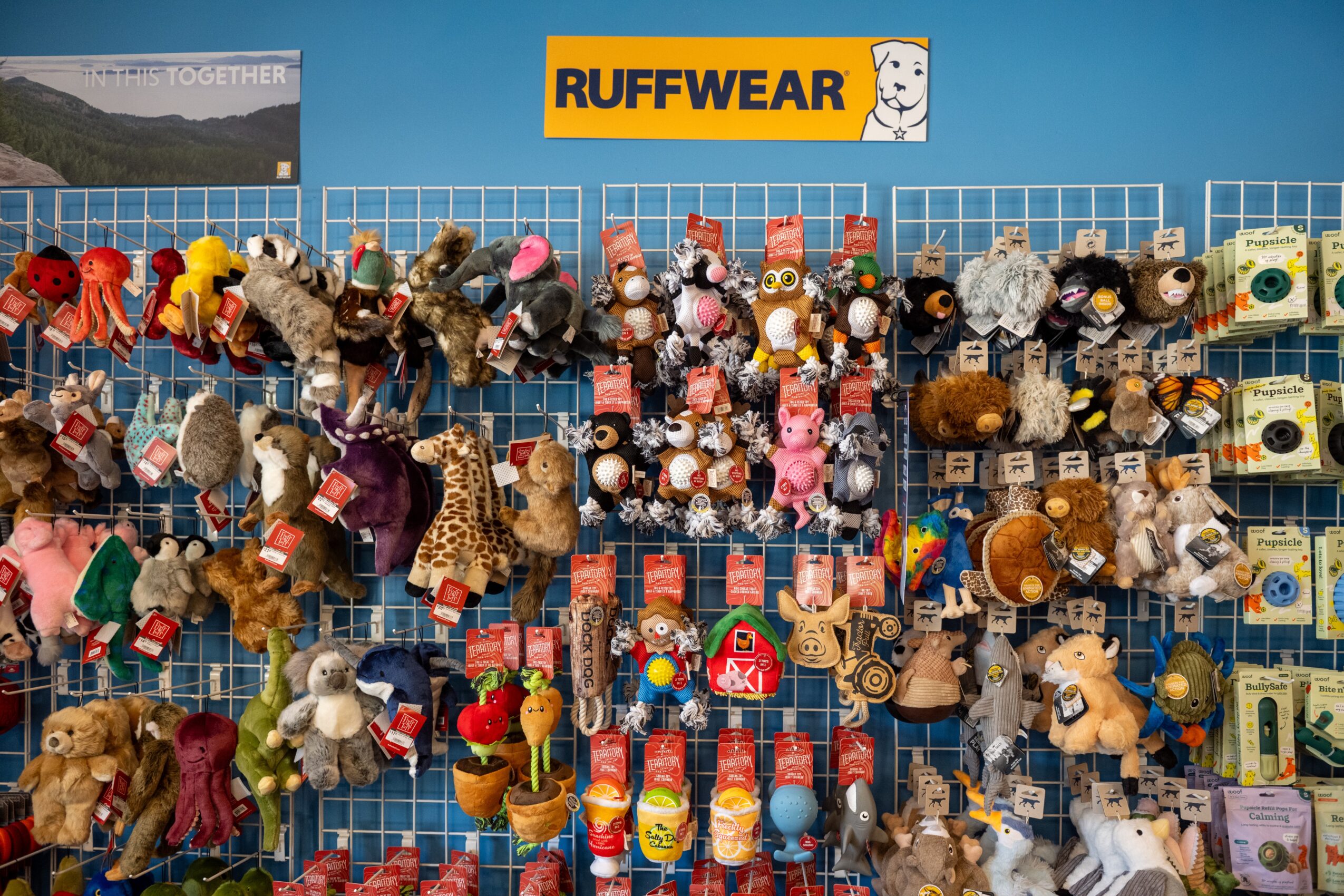 Display of various plush toys and dog accessories on a store wall with a yellow 'RUFFWEAR' sign above.