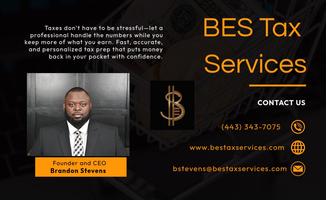 Business card for BES Tax Services featuring a man in a suit, contact info, and website details.