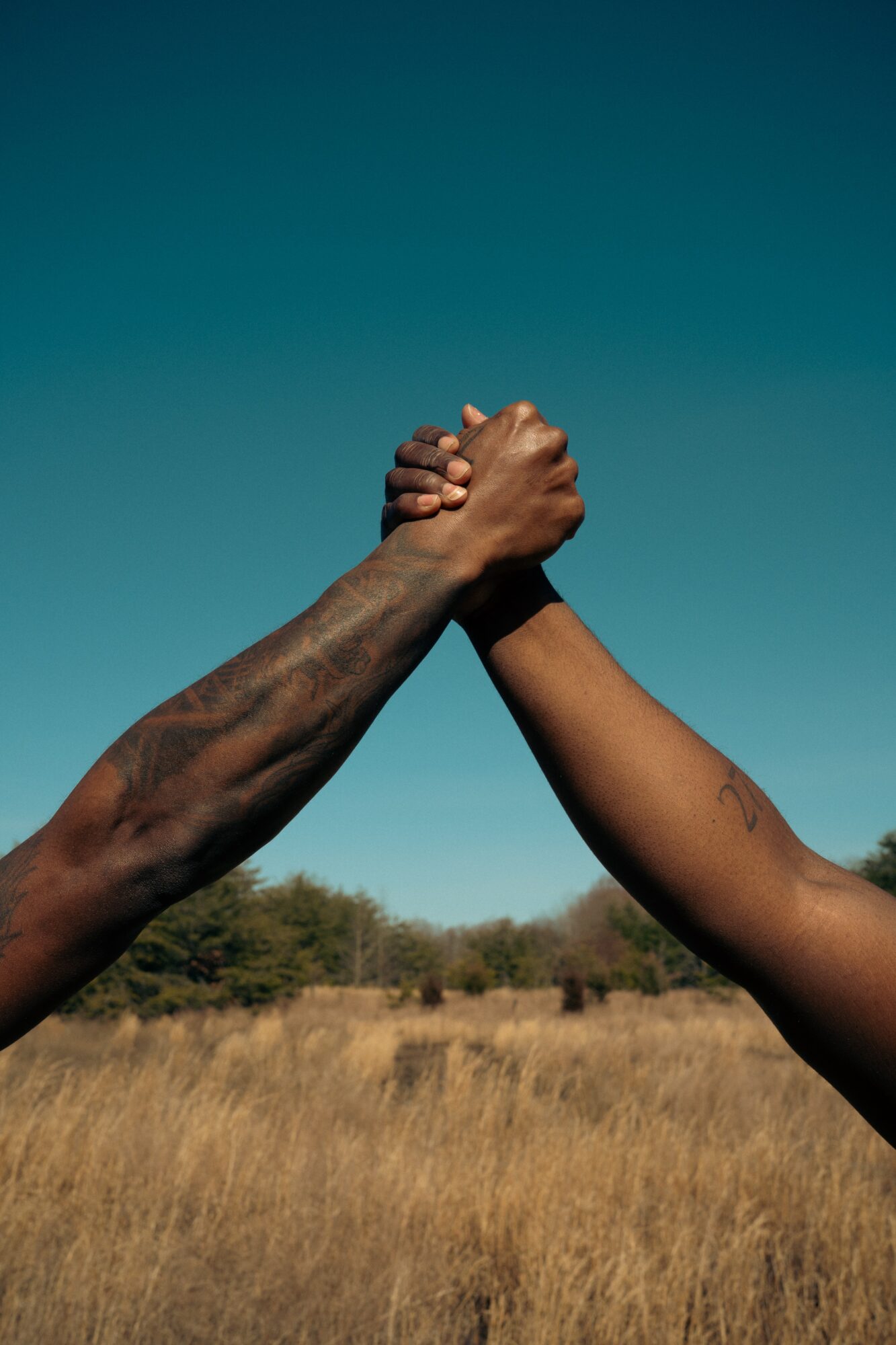 Two people clasp hands in a high-five outdoors with a grassy field and blue sky background.