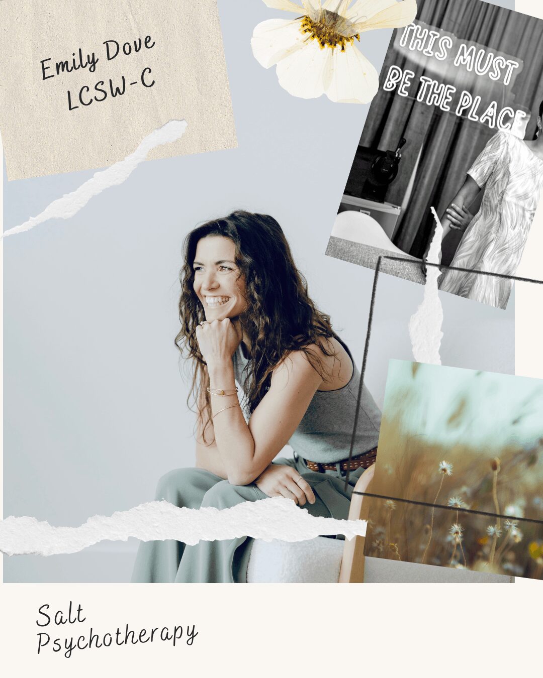 Woman with long dark hair smiling, sitting with her hand on her chin, surrounded by photos and notes on a wall.