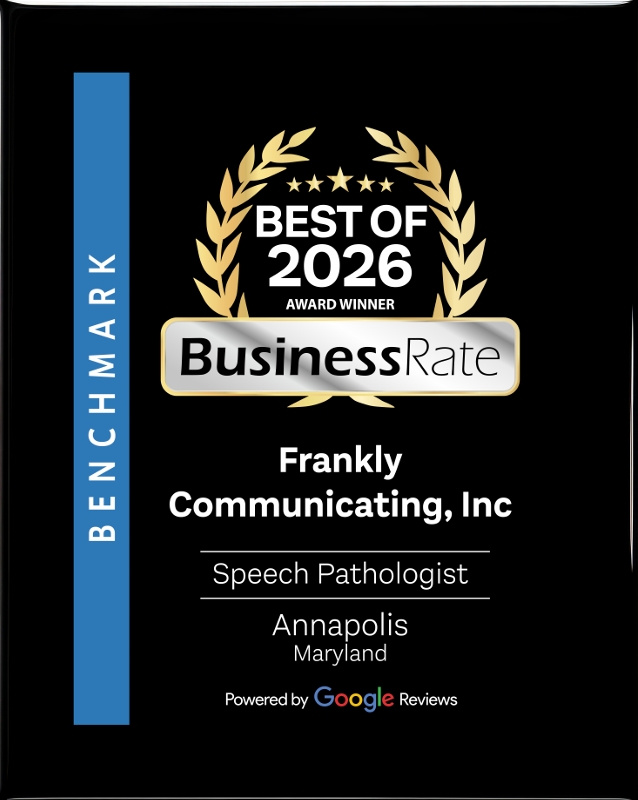Award badge for Best of 2026, BusinessRate, speech pathologist at Frankly Communicating, Inc., Annapolis, Maryland, powered by Google Reviews.