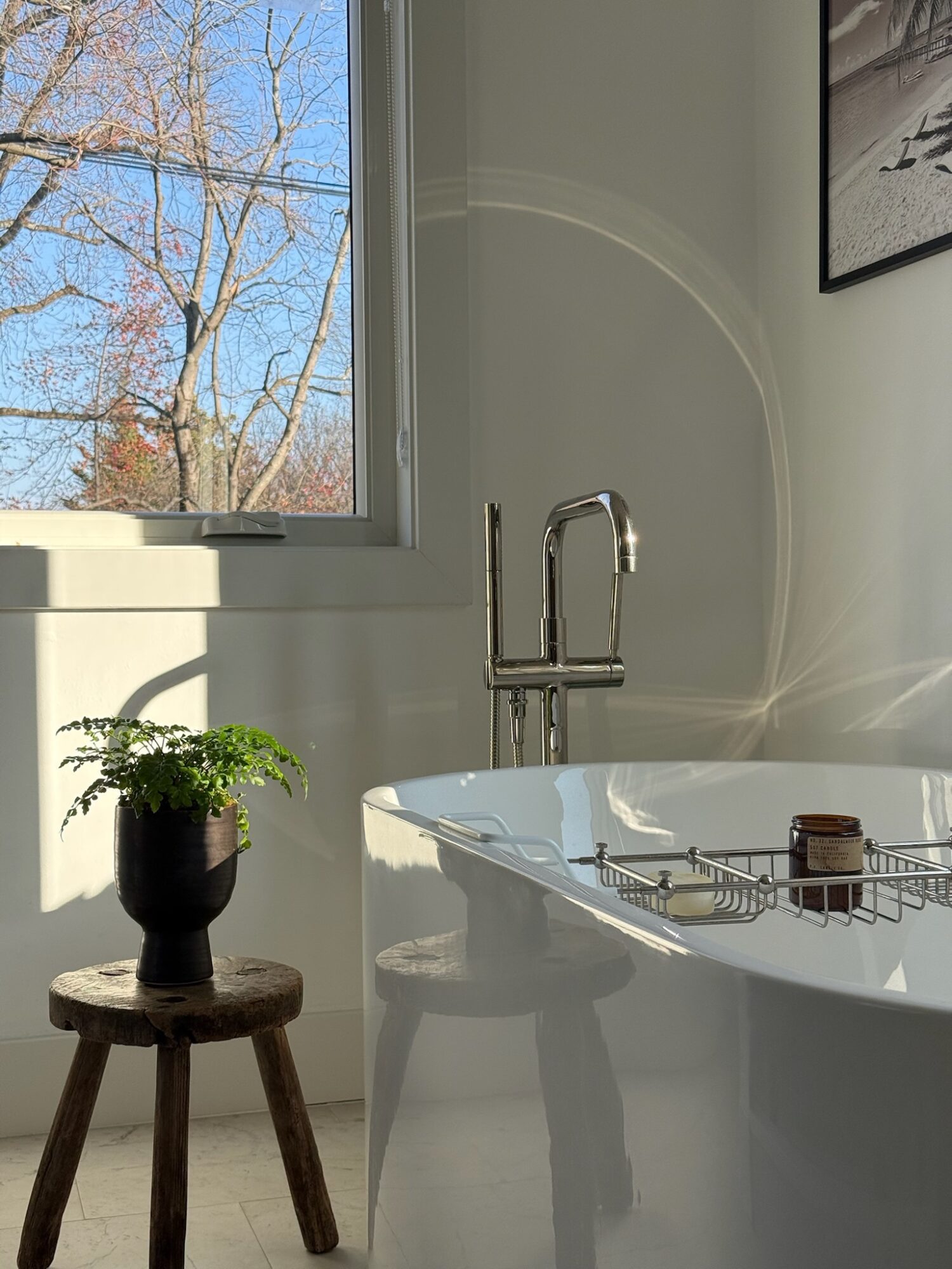 Sunlight streams through a window, illuminating a white bathtub with a faucet and a small jar, next to a potted plant on a wooden stool.