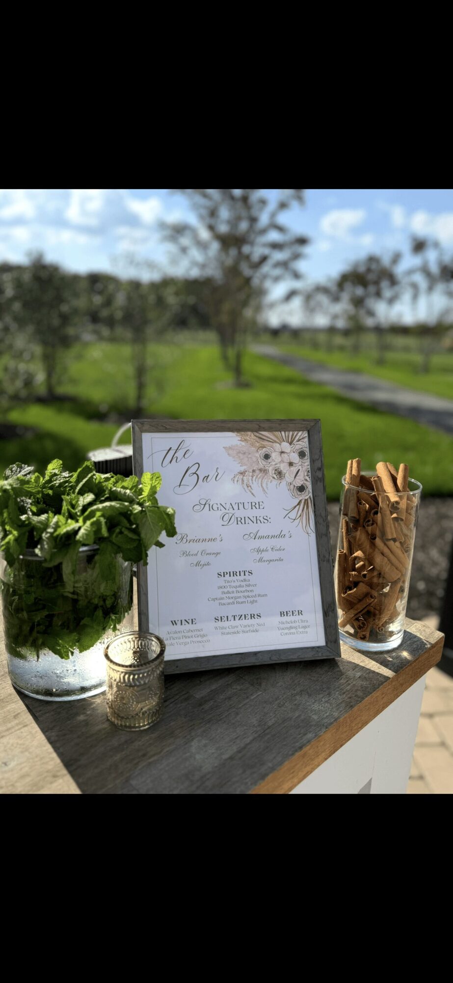 Table with a potted plant, framed sign, and jar of breadsticks outdoors with trees and a pathway in the background.