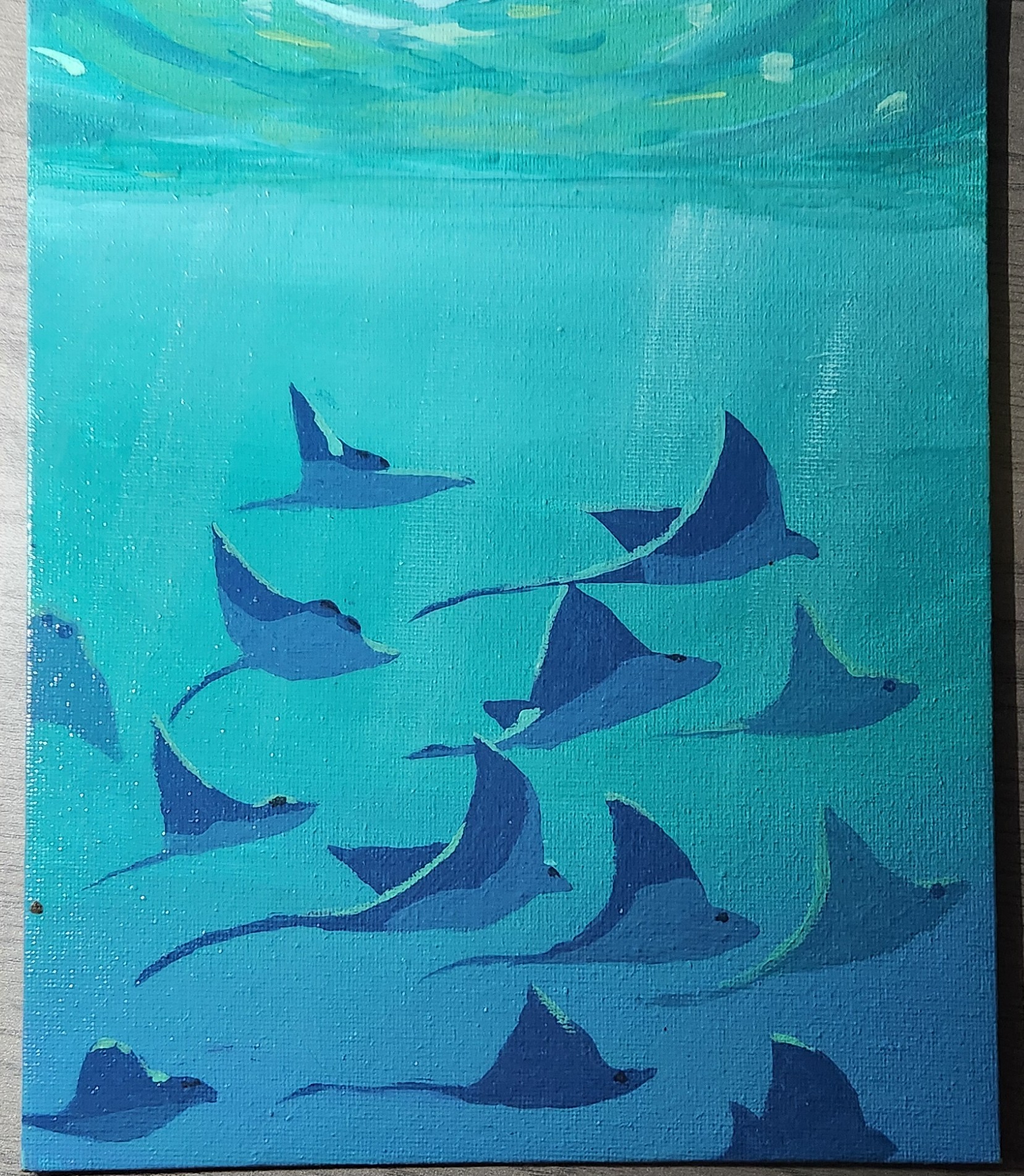 Painting of multiple sharks swimming in blue water with a greenish sky above, in a stylized, abstract style.