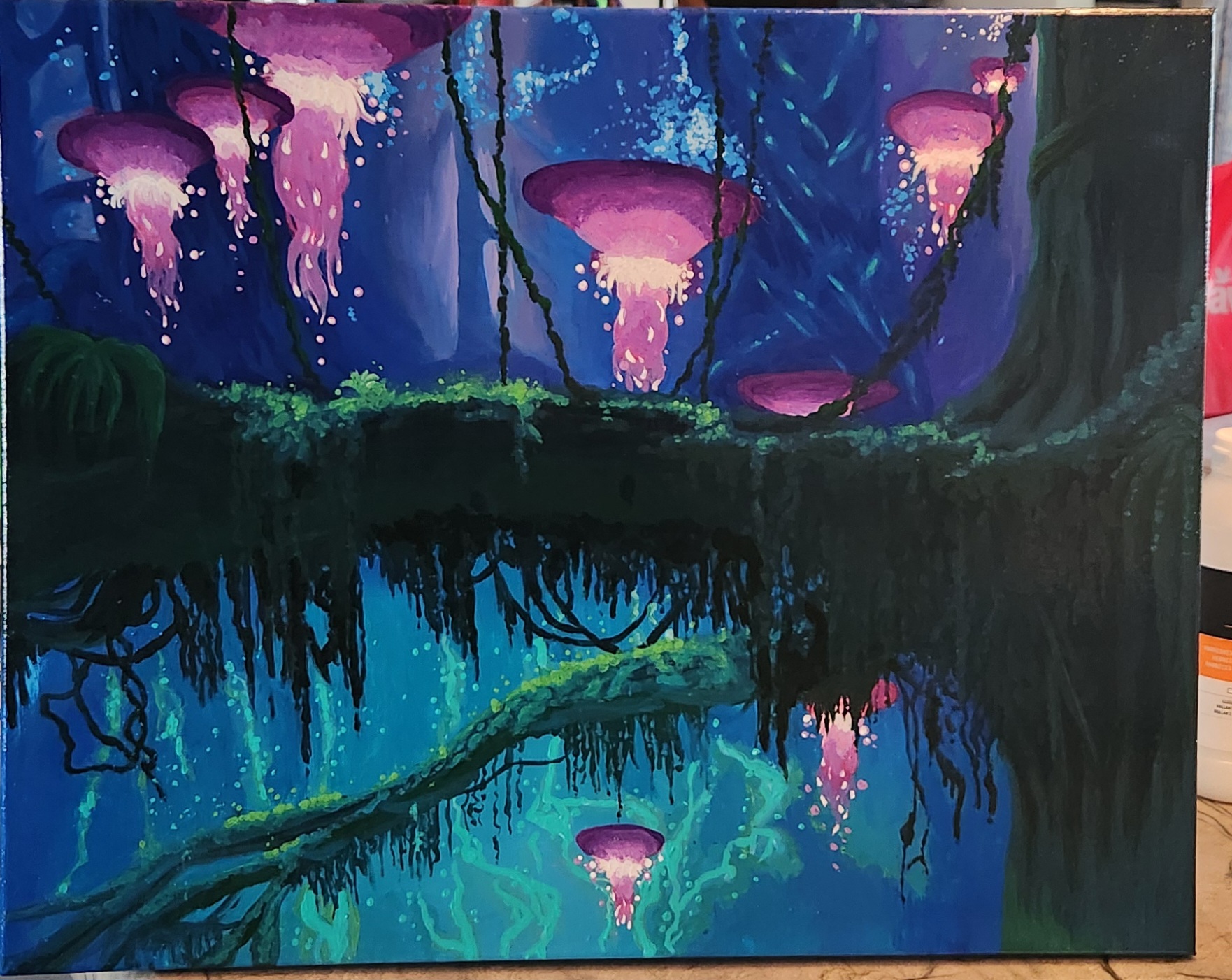 Colorful fantasy landscape with glowing pink mushrooms, dark trees, and reflections in a mysterious forest scene.
