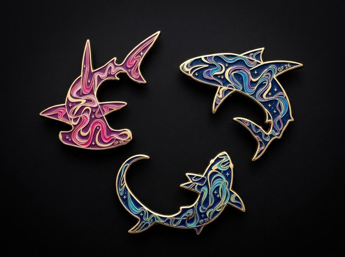 Three colorful shark-shaped pins with swirling patterns on a black background.