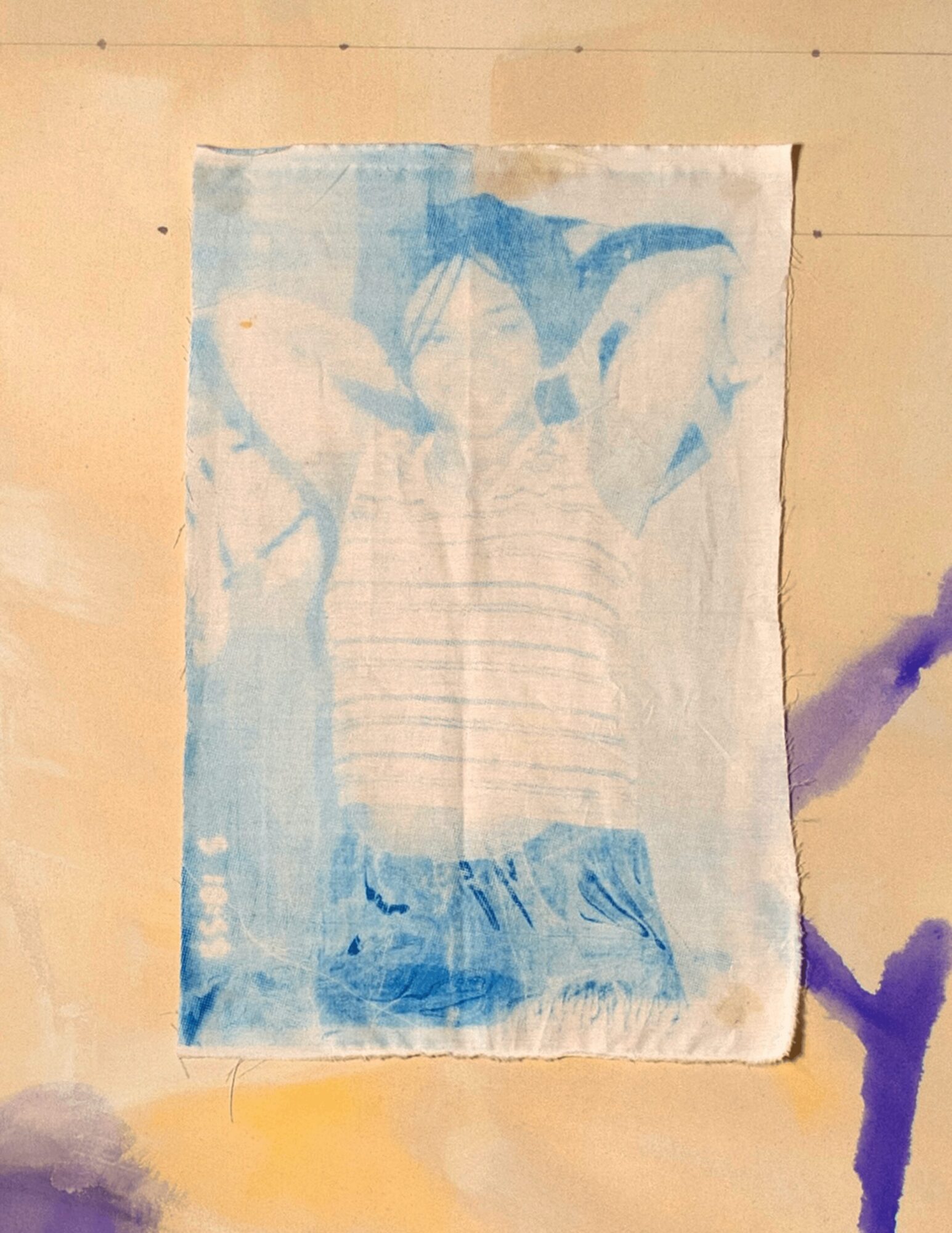 A person with arms raised, wearing a striped shirt, is depicted in a watercolor painting with blue and white tones.