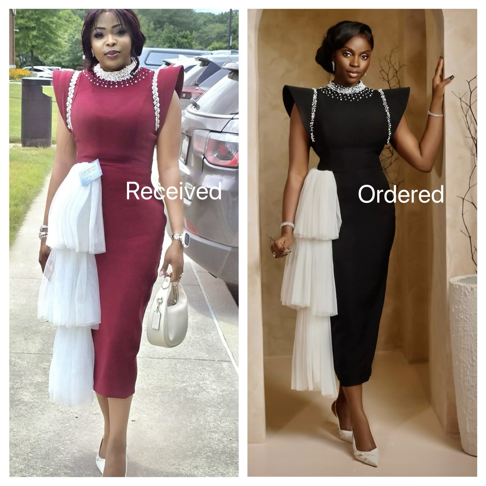 Two women in elegant dresses with white layered accessories, one outdoors and one indoors, both holding handbags.
