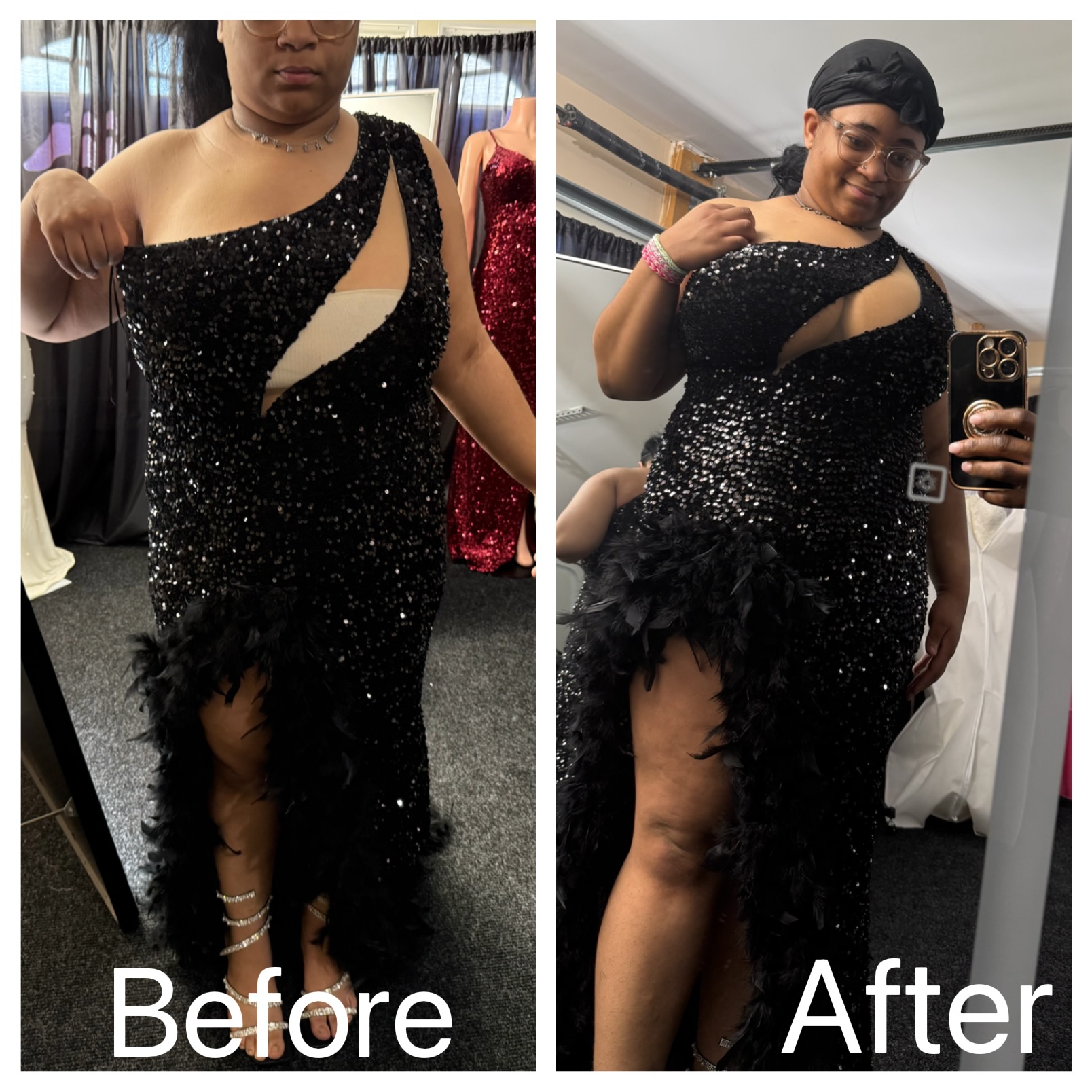 Two women in black sequined dresses, one before and one after a transformation, smiling and taking mirror selfies.