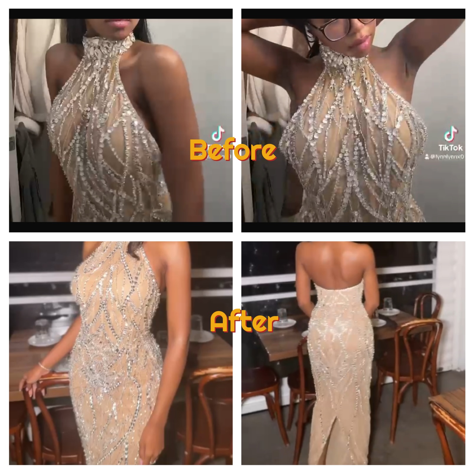 Sequence showing a woman in a beaded gown before and after fitting, with close-up and full-length views, in a room with chairs.
