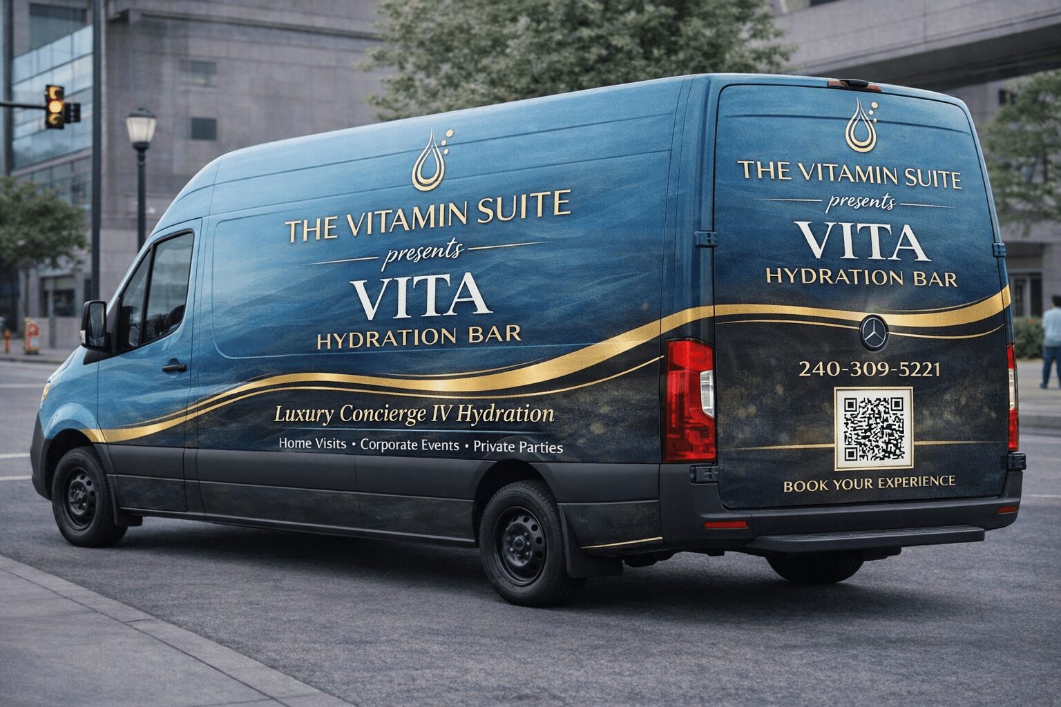 Blue delivery van with advertising for Vitamin Suite and Vita Hydration Bar, parked on city street, side view.