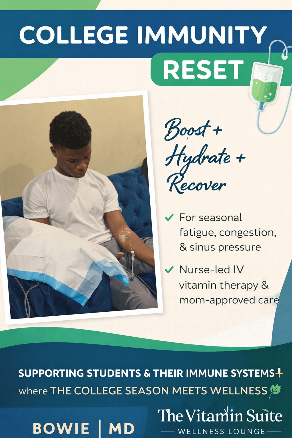 Young person sitting on a bed with medical supplies, promoting a vitamin therapy for immune support, with text and logos.