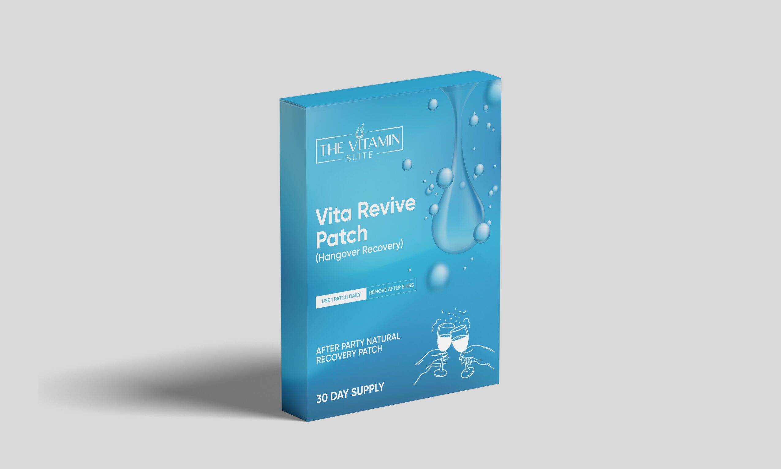 Blue box packaging for Vita Revive Patch with water droplet design, product name, and a small illustration of a person, 20 words.