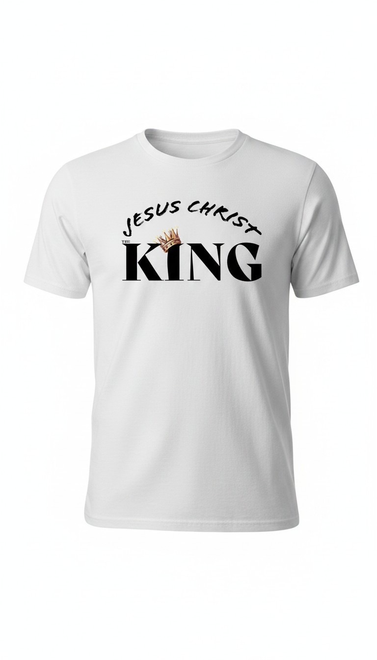 White T-shirt with text 'Jesus Chassy King' and a crown graphic, centered on the front.