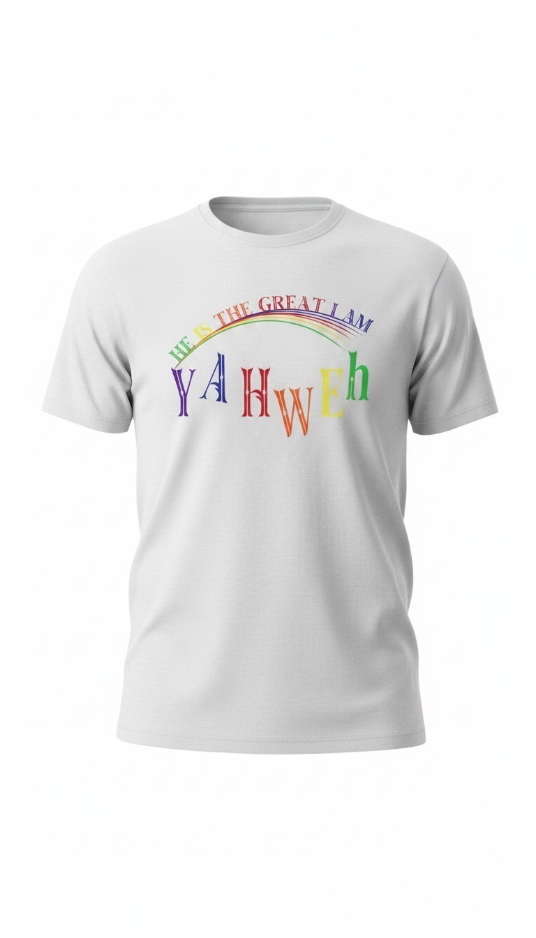 White T-shirt with colorful text reading 