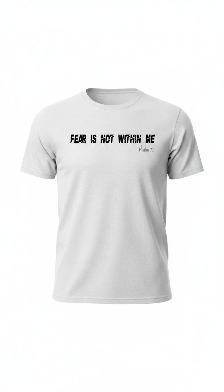 White T-shirt with black text reading 'FEAR IS NOT WITHIN ME' on the front, plain background