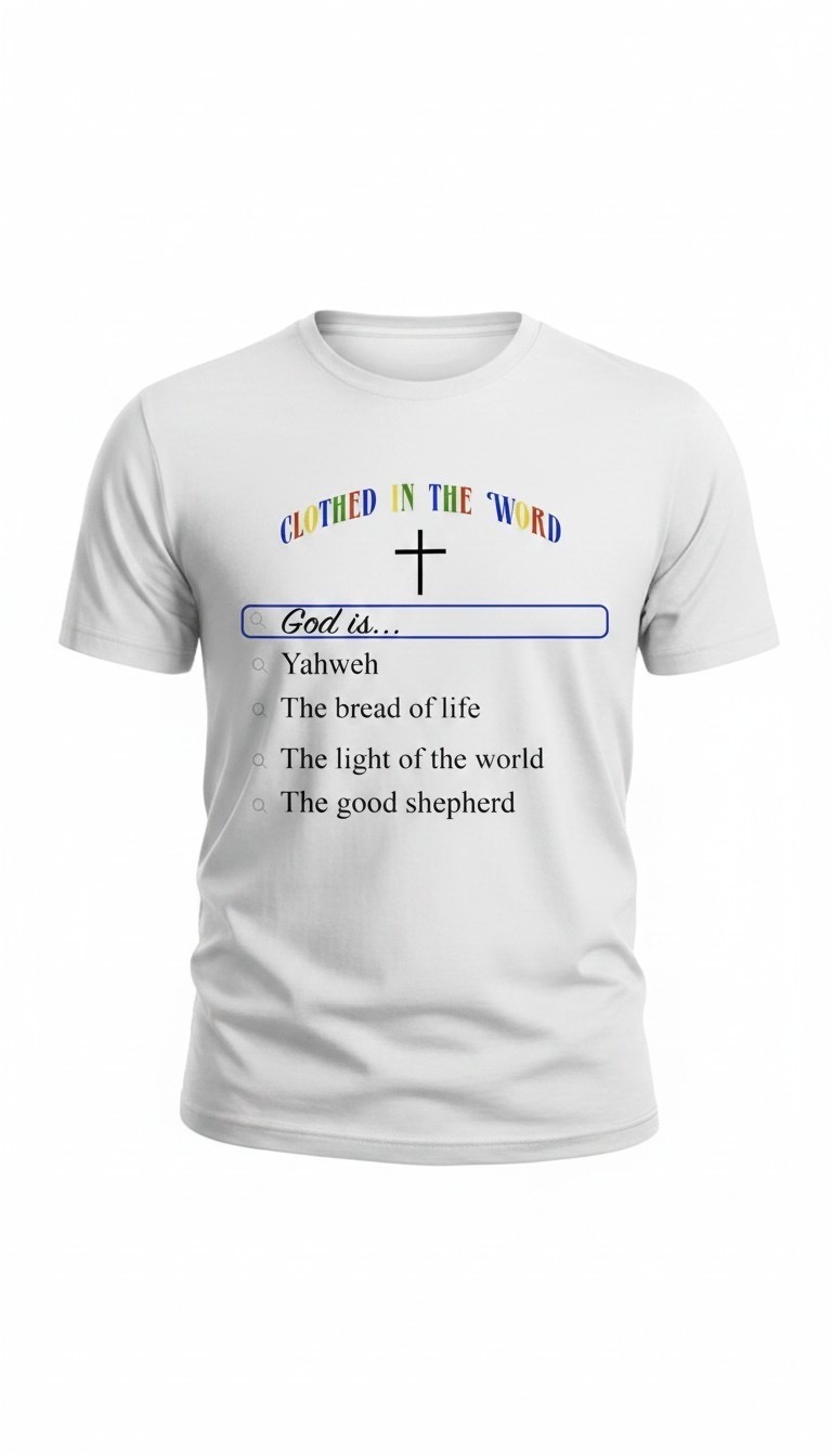 White T-shirt with colorful text and a cross symbol, displaying a religious song with lyrics, and a yellow highlight over the word 'Yahweh'.