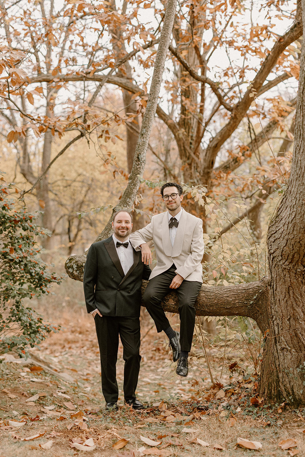 Two men in tuxedos standing outdoors among trees with autumn leaves, one sitting on a tree branch, smiling.