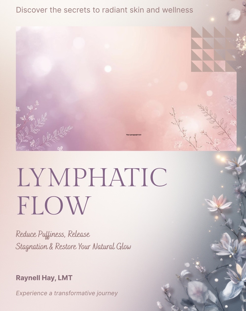 Pink and purple background with floral elements, promoting lymphatic flow and skin wellness, with text about reducing puffiness and restoring glow.