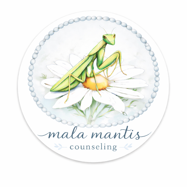A green praying mantis on a white flower with text 'mala mantis counseling' below, surrounded by a beaded circle.