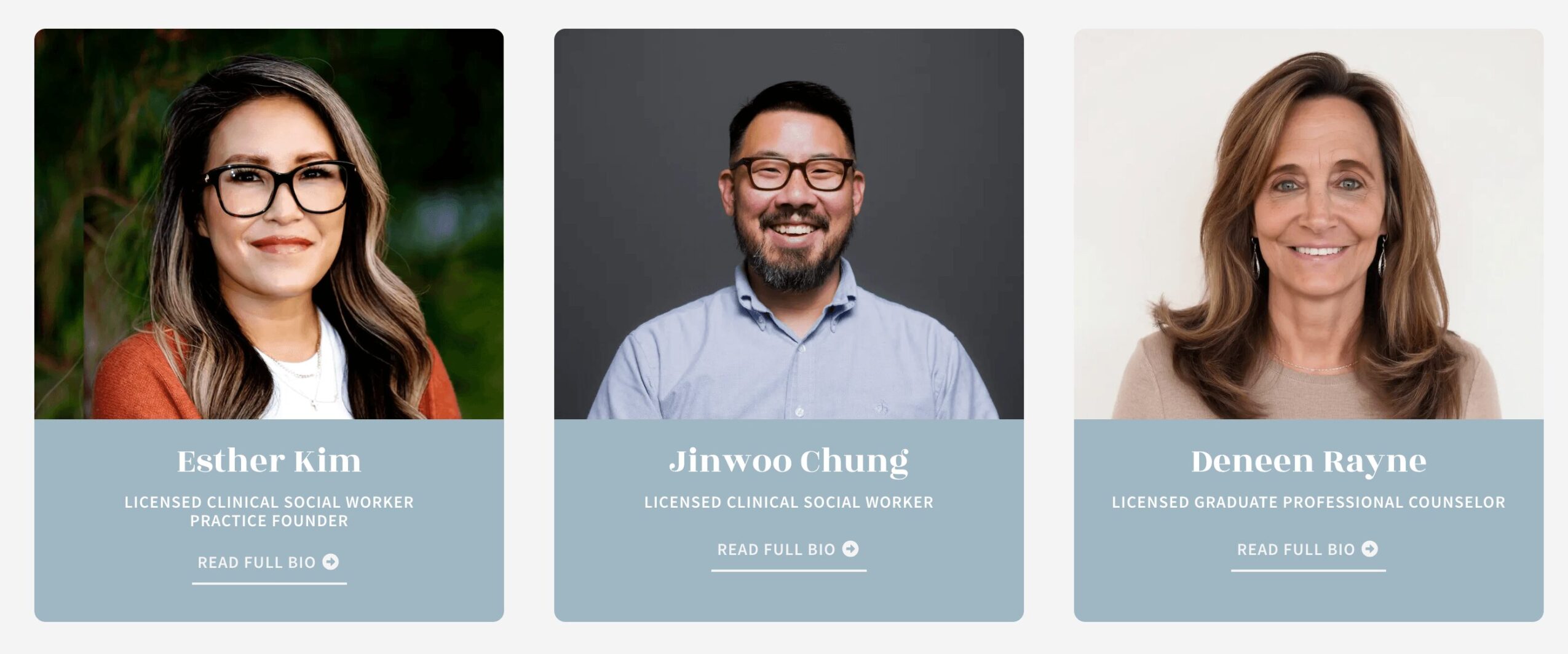 Three headshots of diverse smiling people, each with a name label below, against different backgrounds.