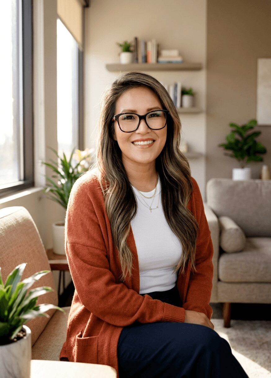 Smiling woman with glasses and long hair sitting in a cozy living room, wearing a white shirt and rust-colored cardigan.