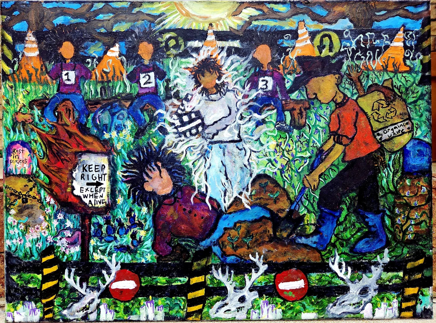 Colorful painting of people, animals, and signs in a vibrant outdoor scene with a sunset background.