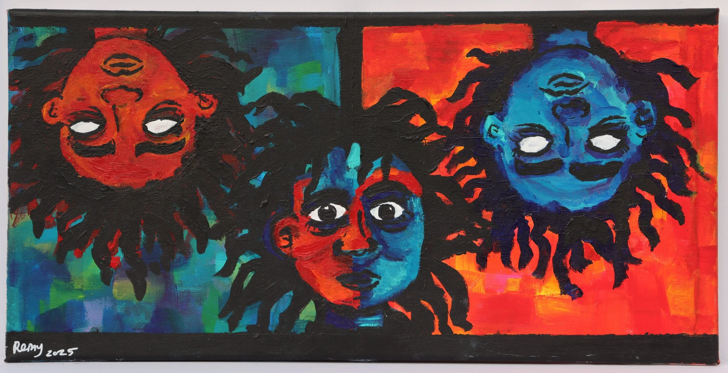 Three faces with dreadlocks, each in different colored backgrounds, with expressive eyes and vibrant colors.