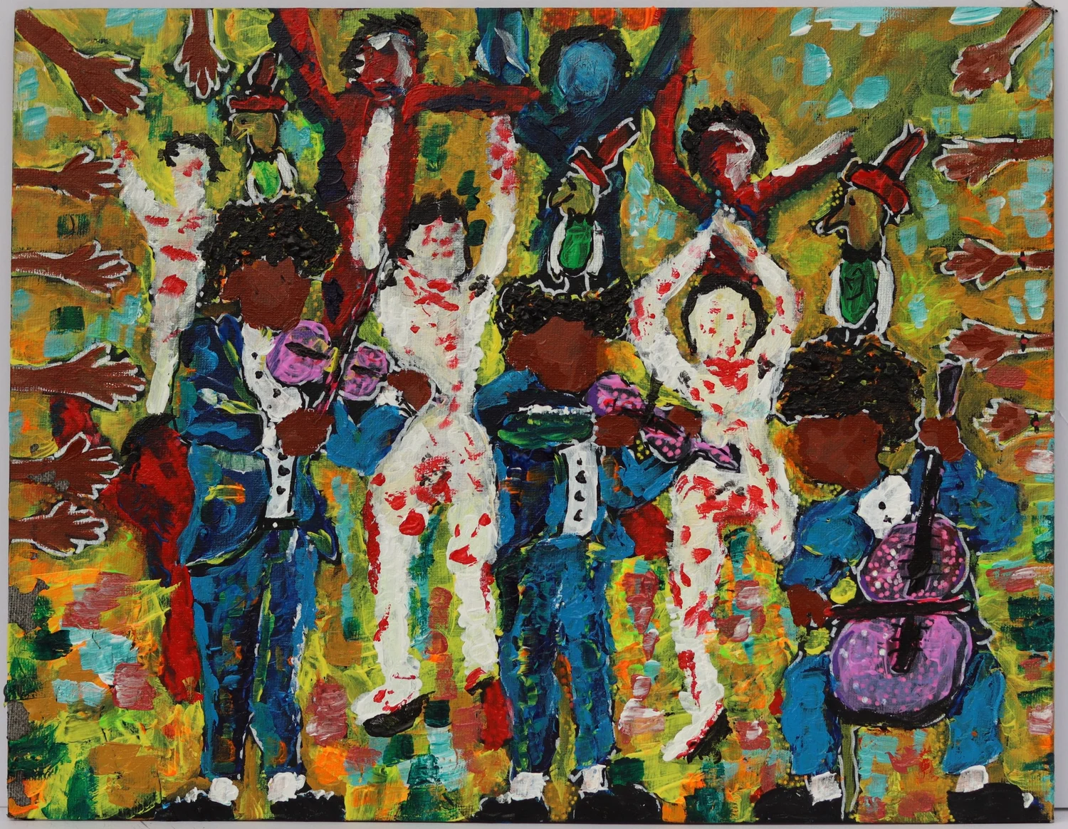 Group of people dancing and playing instruments outdoors with colorful background.