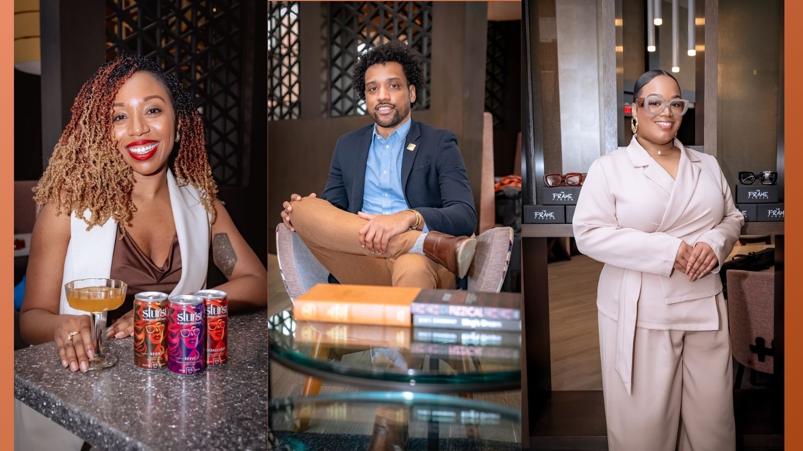 Three people in a bar or lounge setting, two women and one man, with drinks and books, smiling and posing for the photo.