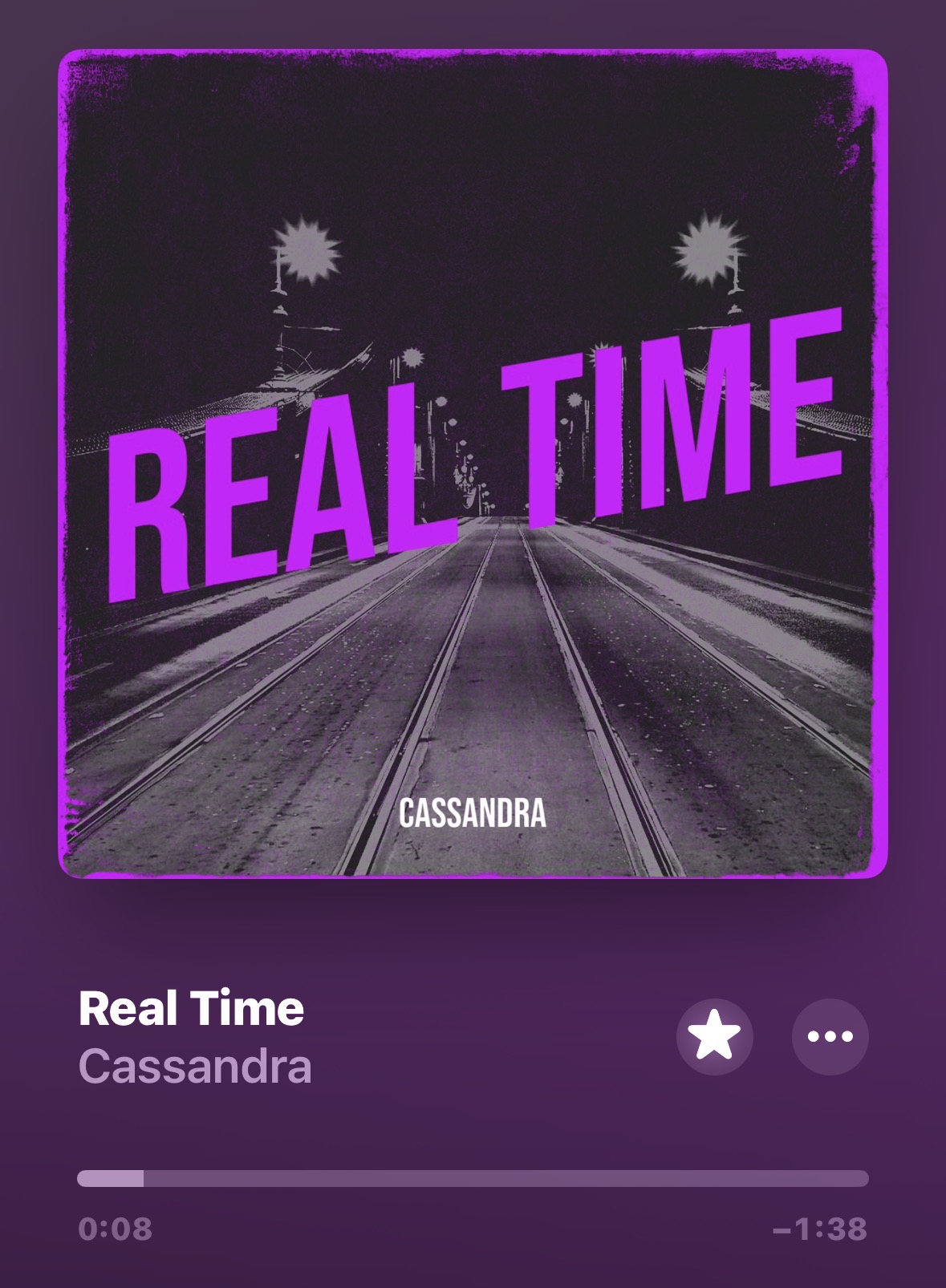 Album cover with a road and purple text reading 'REAL TIME' and artist name Cassandra.
