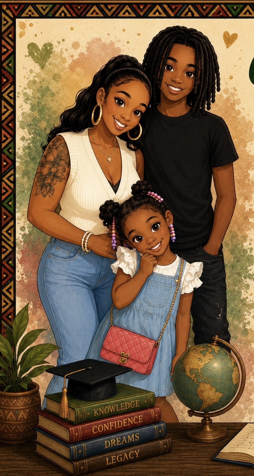 Two women and a girl pose together indoors, with books, globe, and plant in the background.