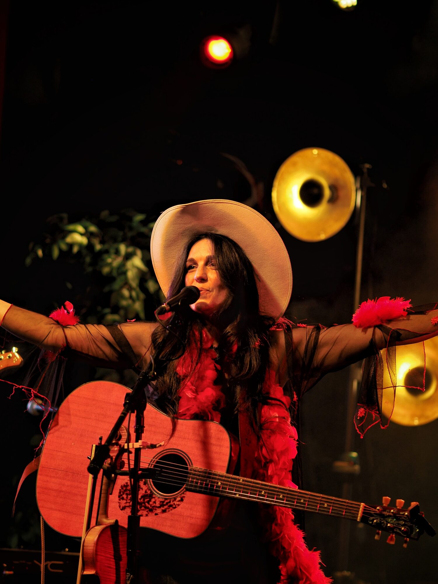 Woman with long dark hair wearing a wide-brimmed hat and red feather boa, playing guitar on stage with microphones and lights.