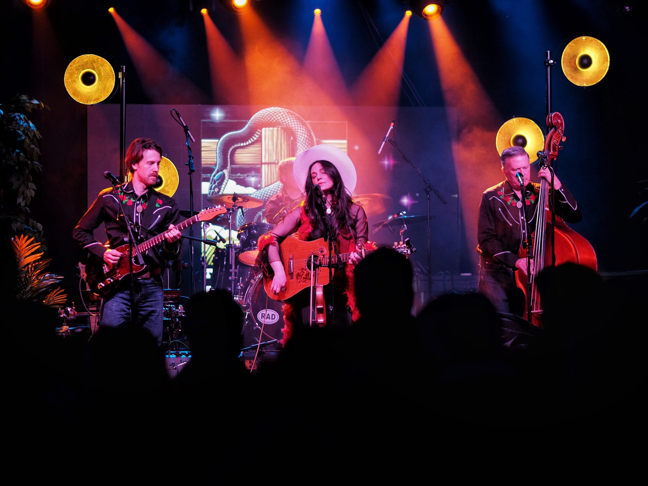 Three musicians perform on stage with colorful lighting and speakers, audience silhouettes visible in foreground.