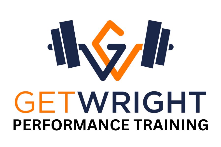 Logo with barbell and text 'GET WRIGHT PERFORMANCE TRAINING', using orange and black colors.