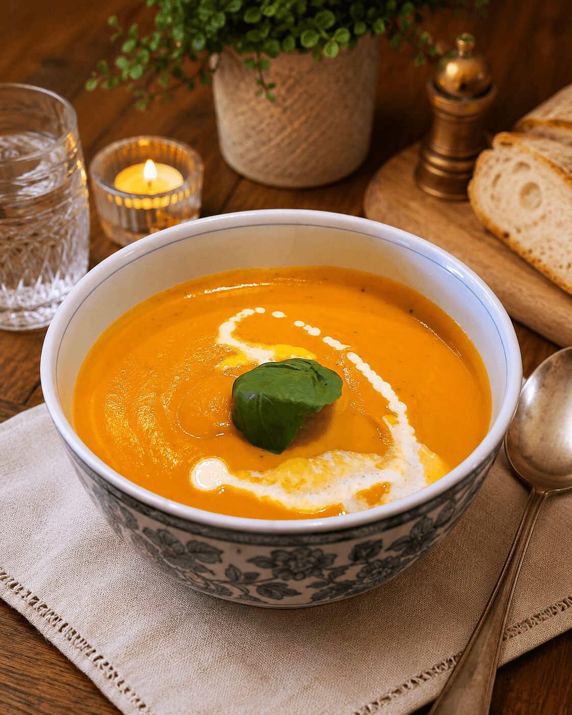 Bowl of orange soup garnished with cream and a basil leaf, on a table with bread, glass, candle, and plant.