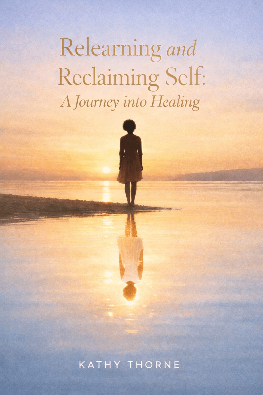 Silhouette of a person standing on a beach at sunset with reflection in water, book title and author above.