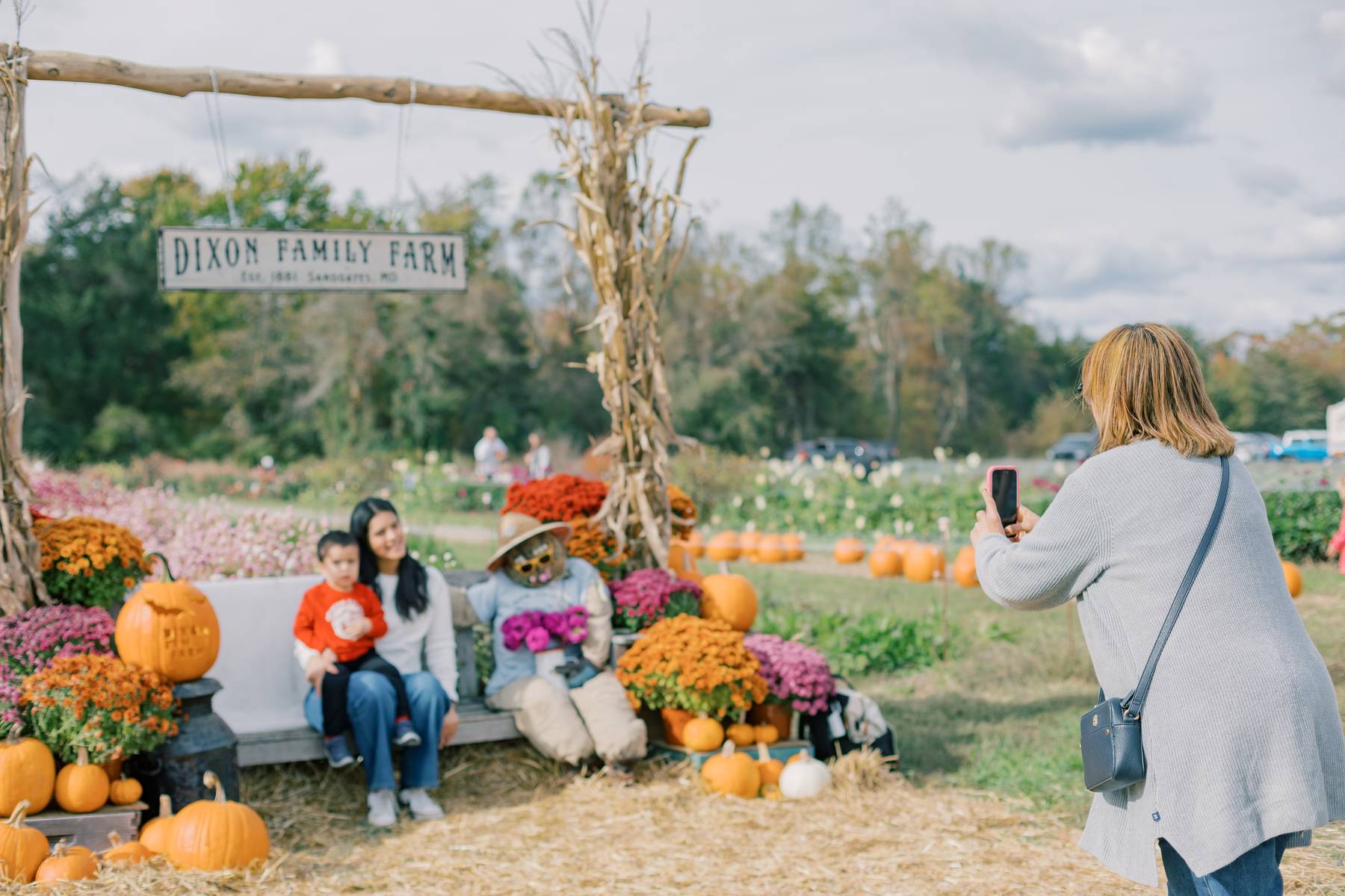 Woman taking photo of two children sitting on a bench surrounded by pumpkins and flowers at Dixon Family Farm.