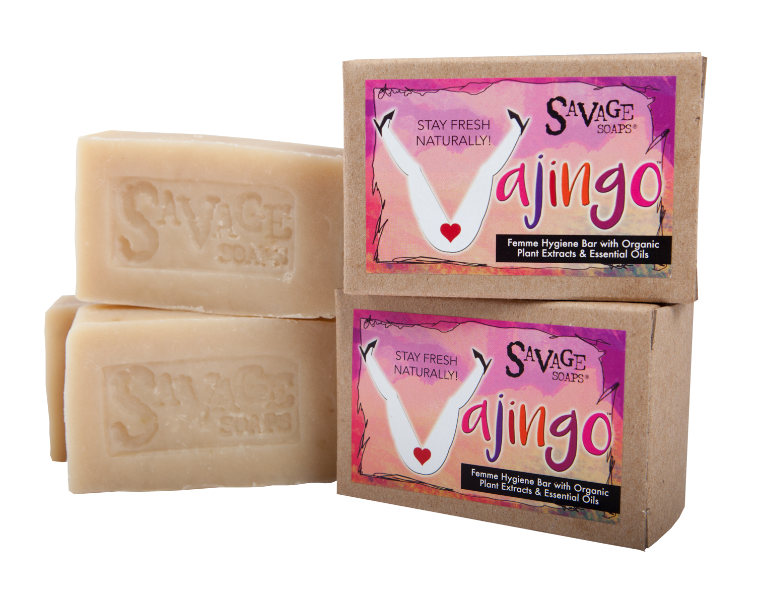Two beige soap bars and a pink and brown box labeled 'ajingo' with a stylized female reproductive system illustration.