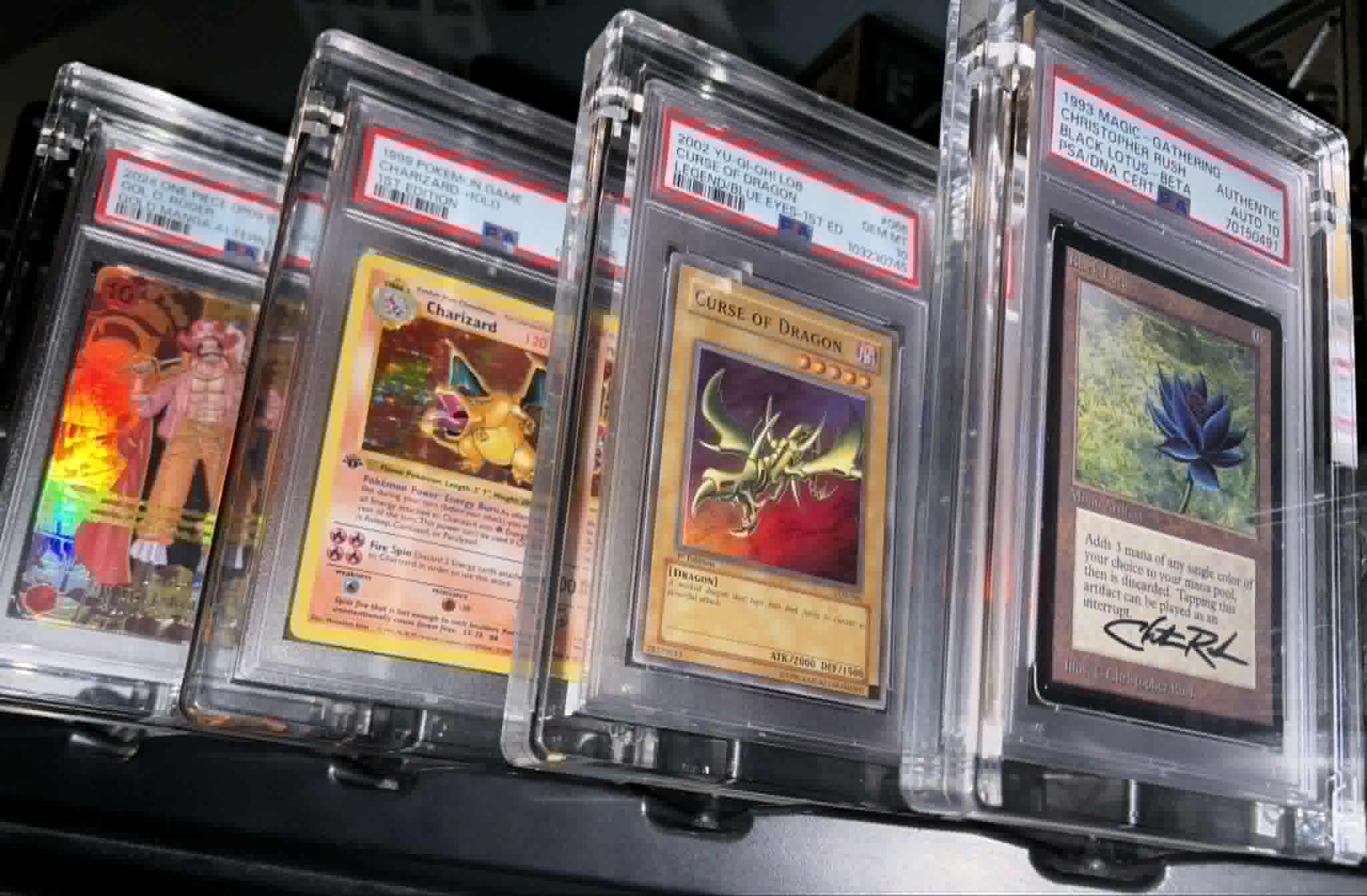 Five trading cards in protective cases displayed upright, with colorful artwork and text visible.
