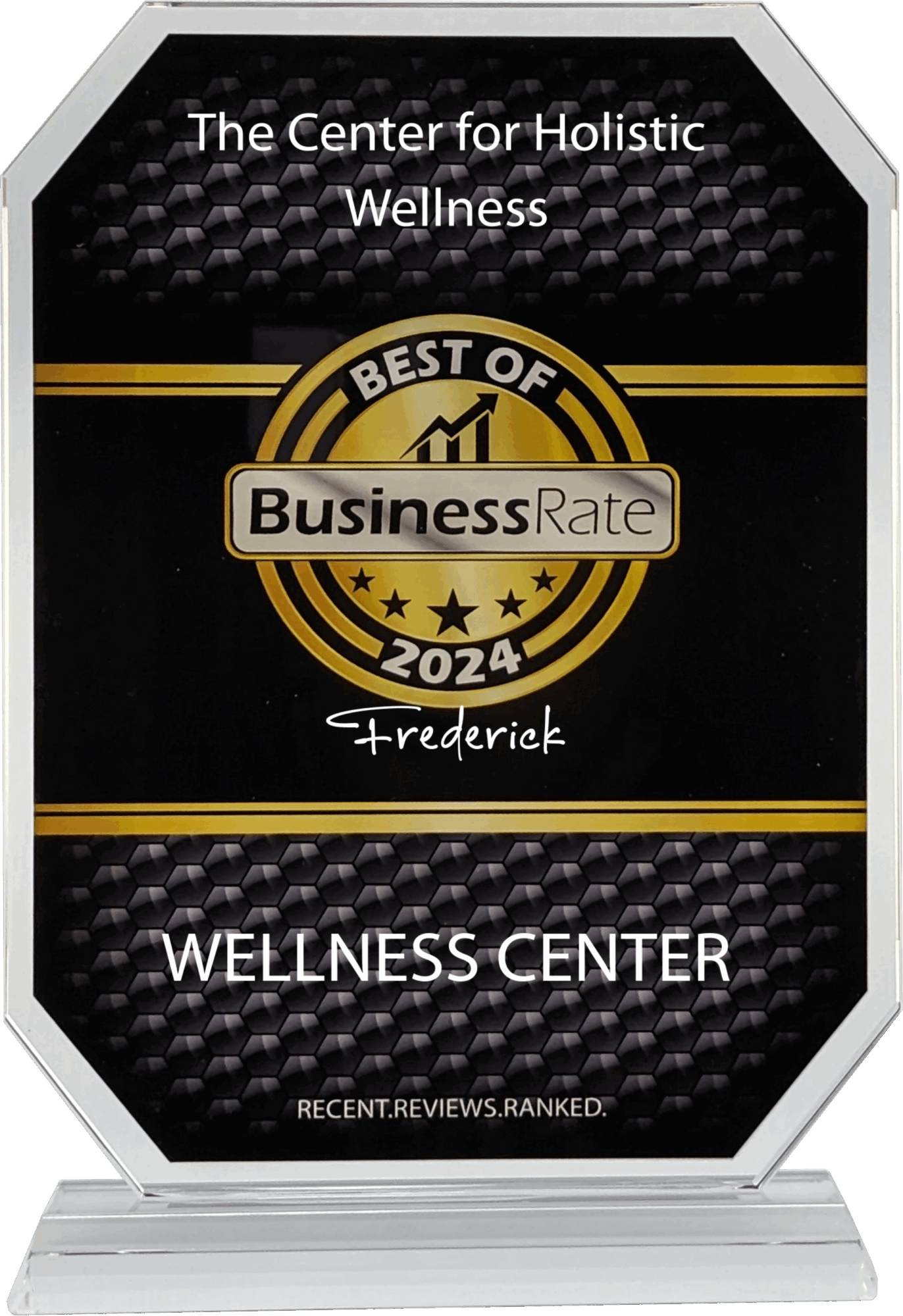 Award plaque with black, gold, and white design, featuring text about wellness and business rating, and a white base.