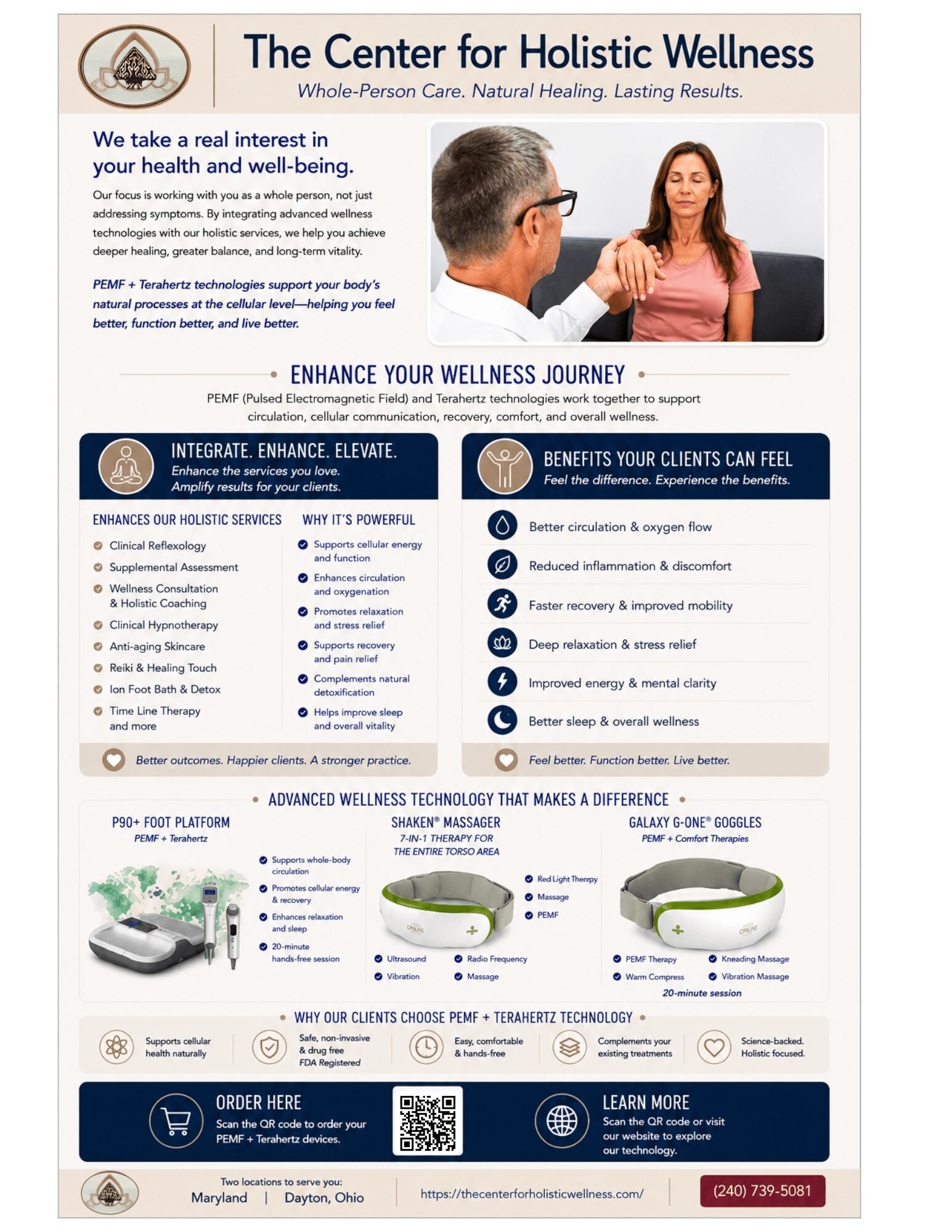 Brochure for The Center for Holistic Wellness with sections on wellness journey, technology, and contact information.