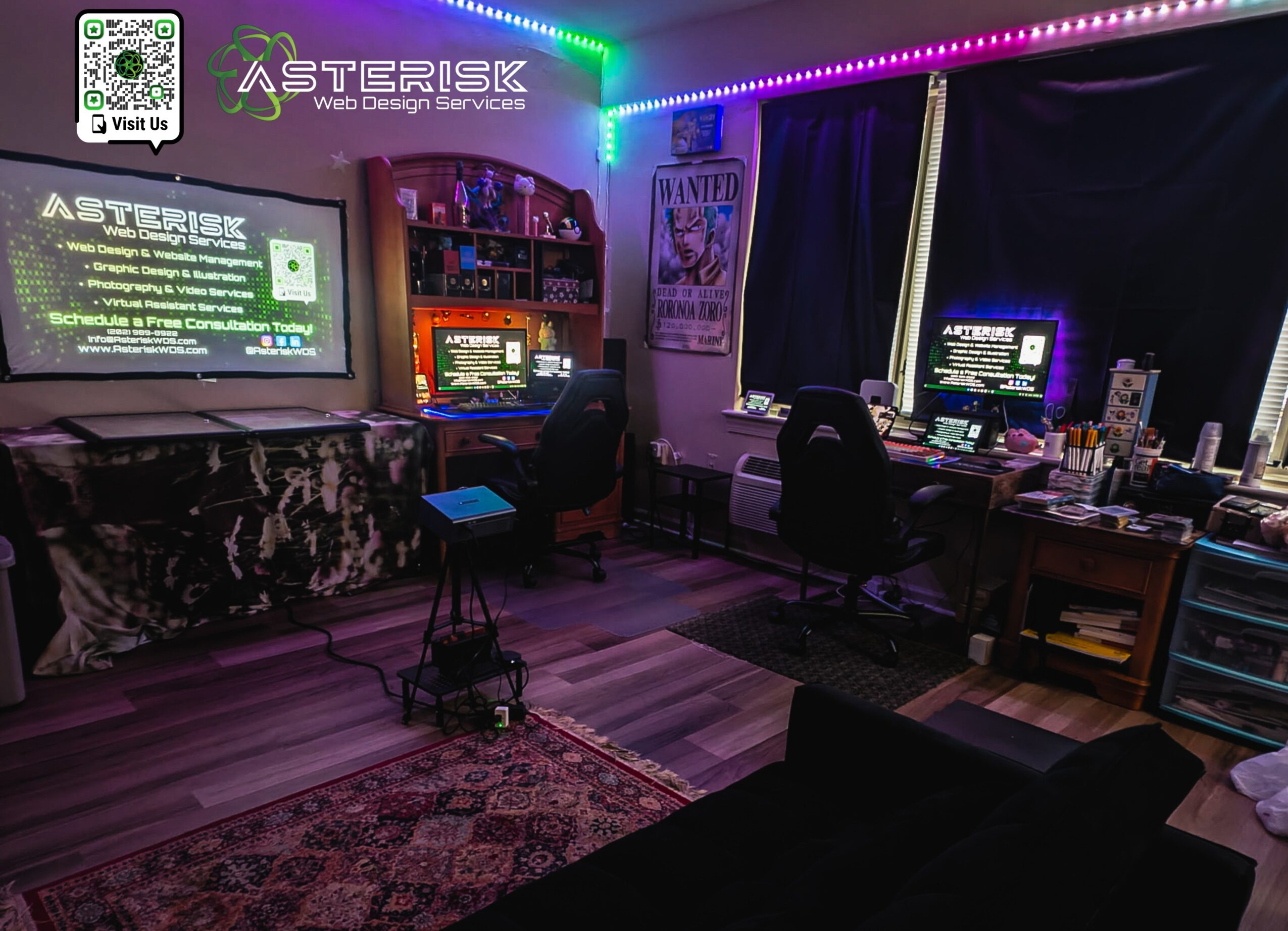 Room with gaming setup, multiple screens, colorful LED lights, shelves, and a desk with bottles and equipment.