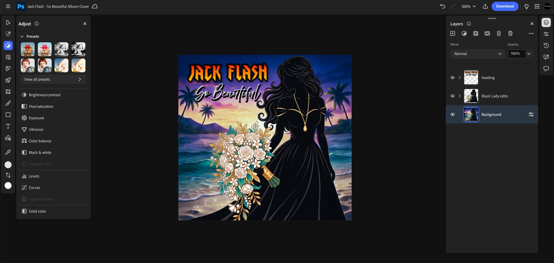 Digital artwork of a woman holding flowers against a sunset beach background with palm trees, titled 'Jack Flash'.