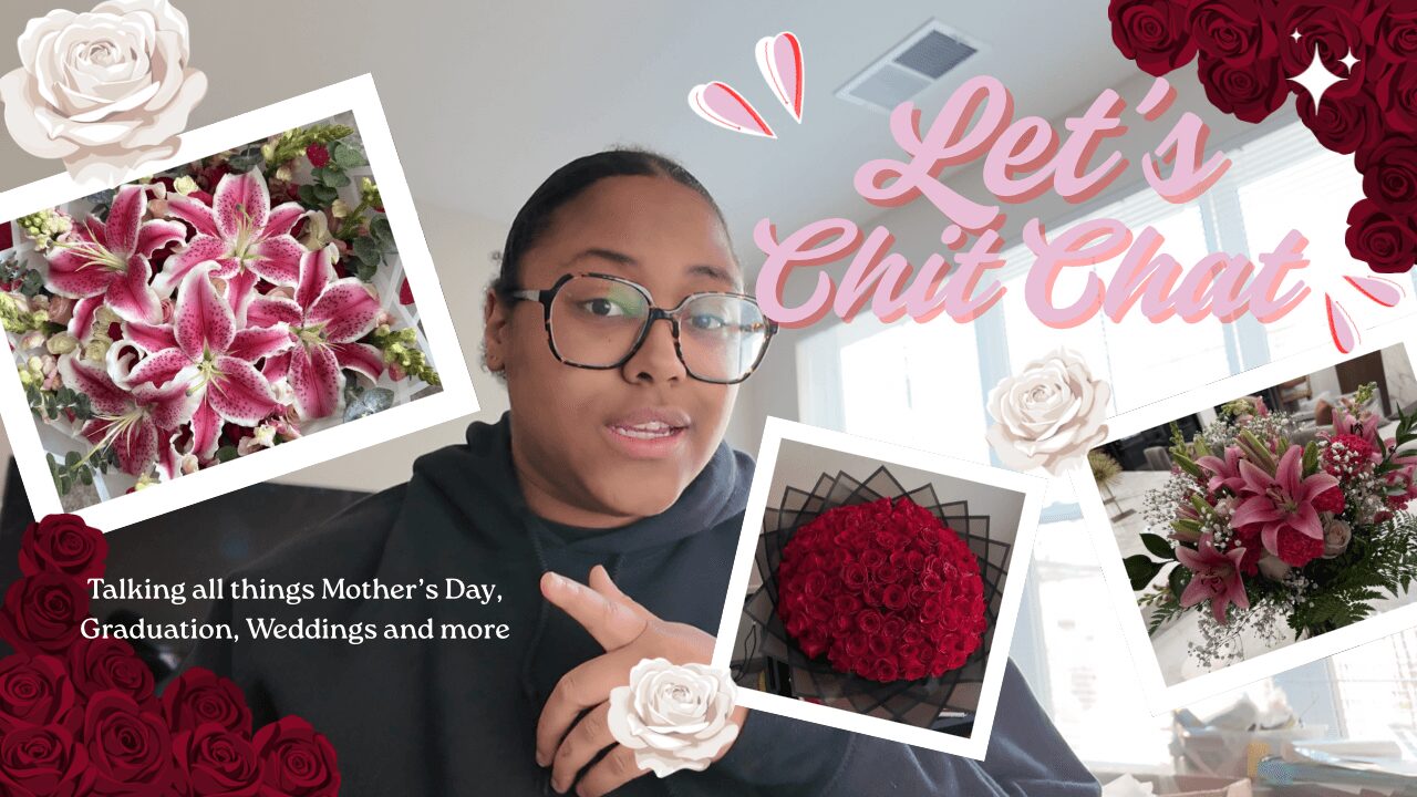 Young woman with glasses and a black shirt, surrounded by flowers and text that says