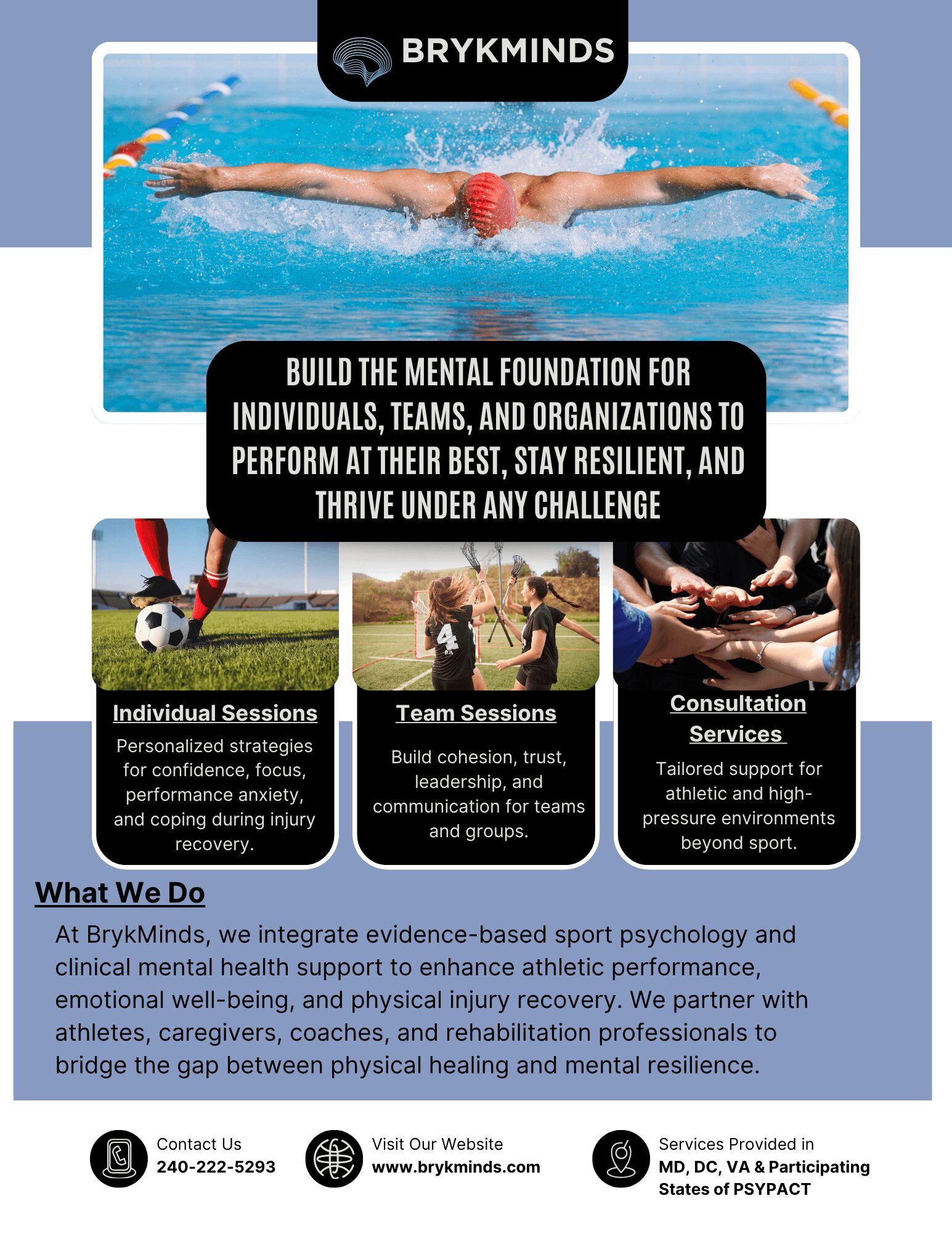 Swimmer in a pool with arms outstretched, three smaller images of sports activities, and text about mental health and sports performance.