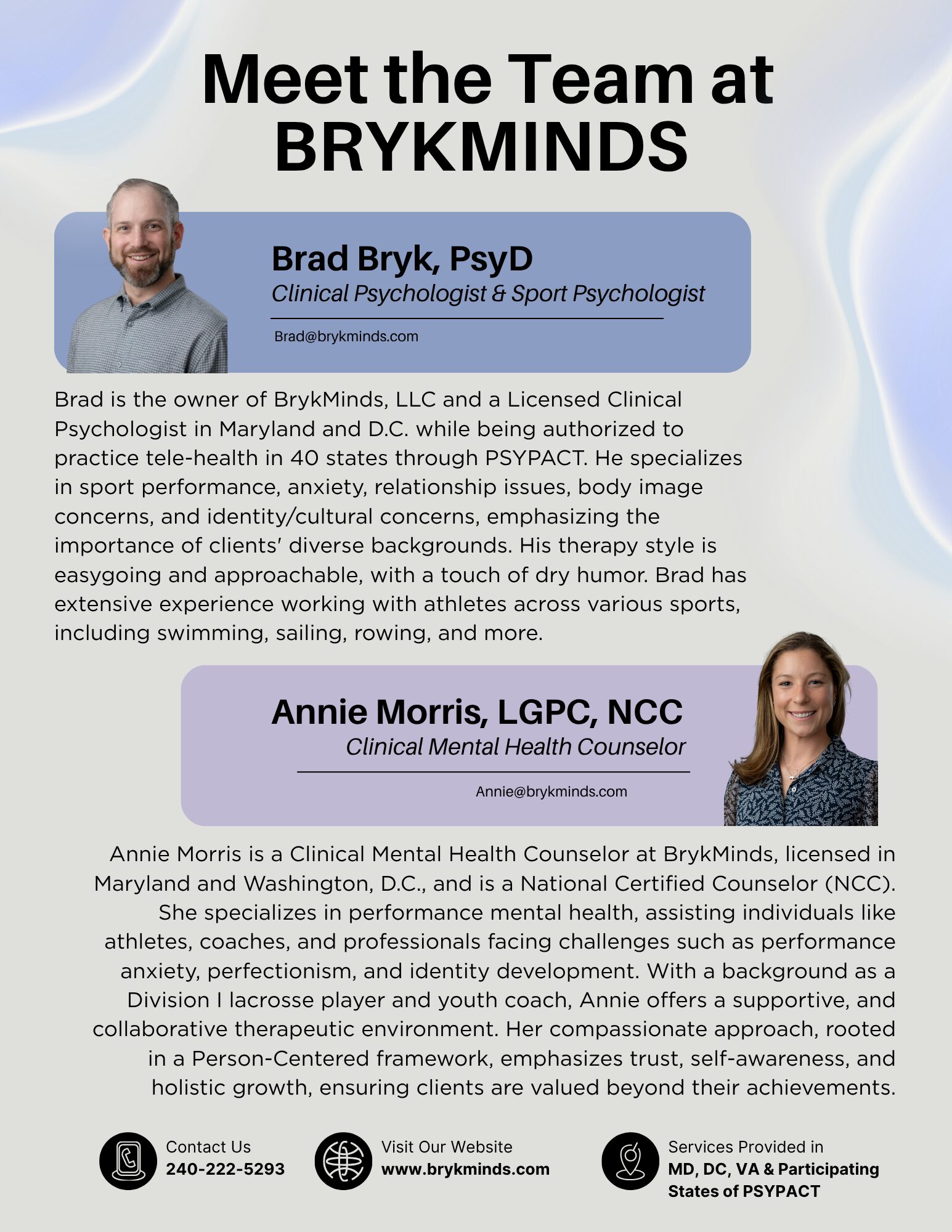 Team introduction with photos of Brad Bryk and Annie Morris, their titles, and brief descriptions of their roles and backgrounds.