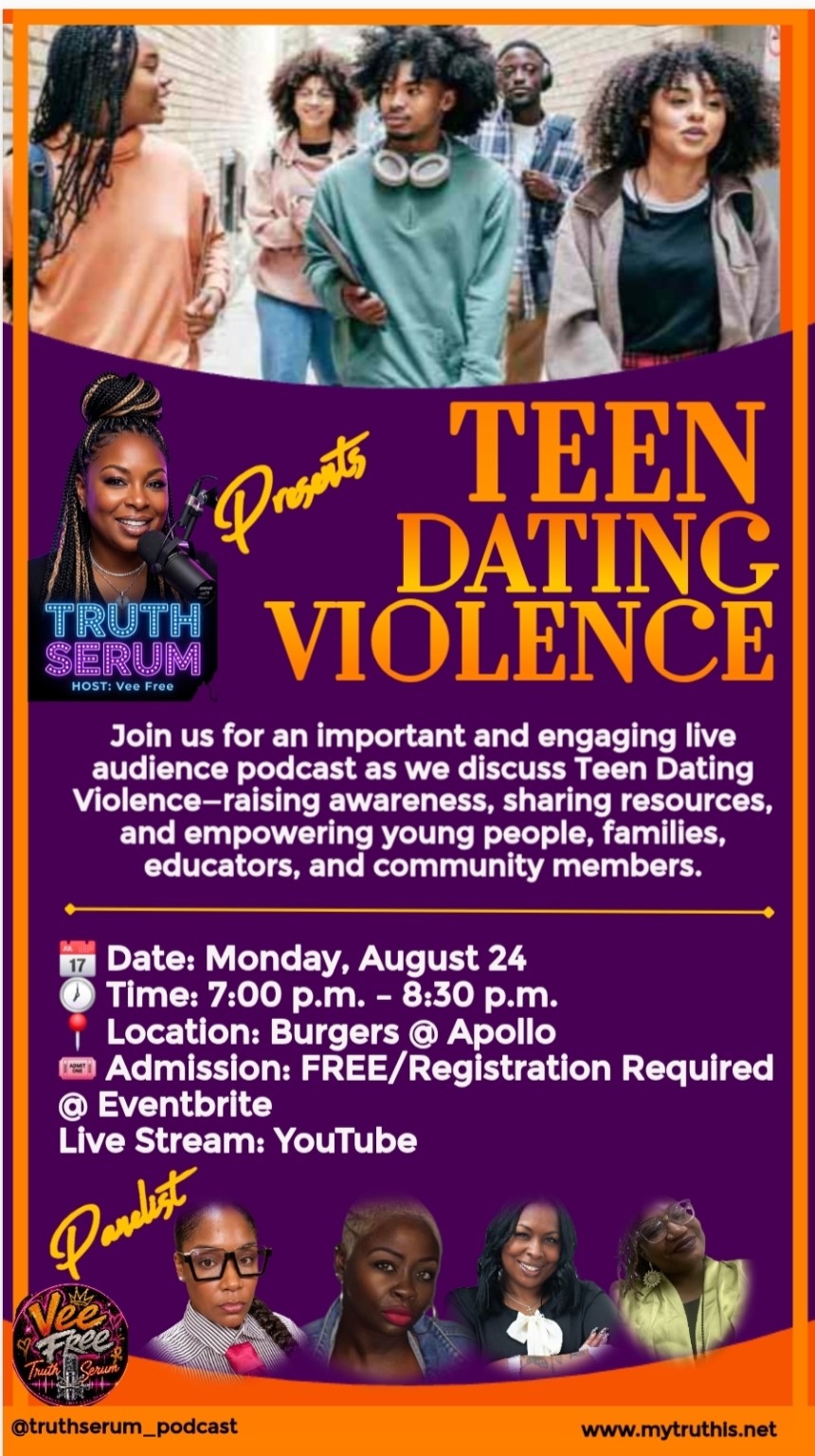 Promotional poster for teen dating violence event with group of young people, event details, and social media info.