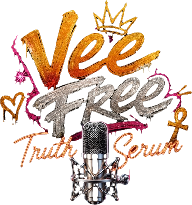 Text reads 'Vee Free Truth Serum' with a microphone in front, decorated with a crown, hearts, and stars, on a black background.