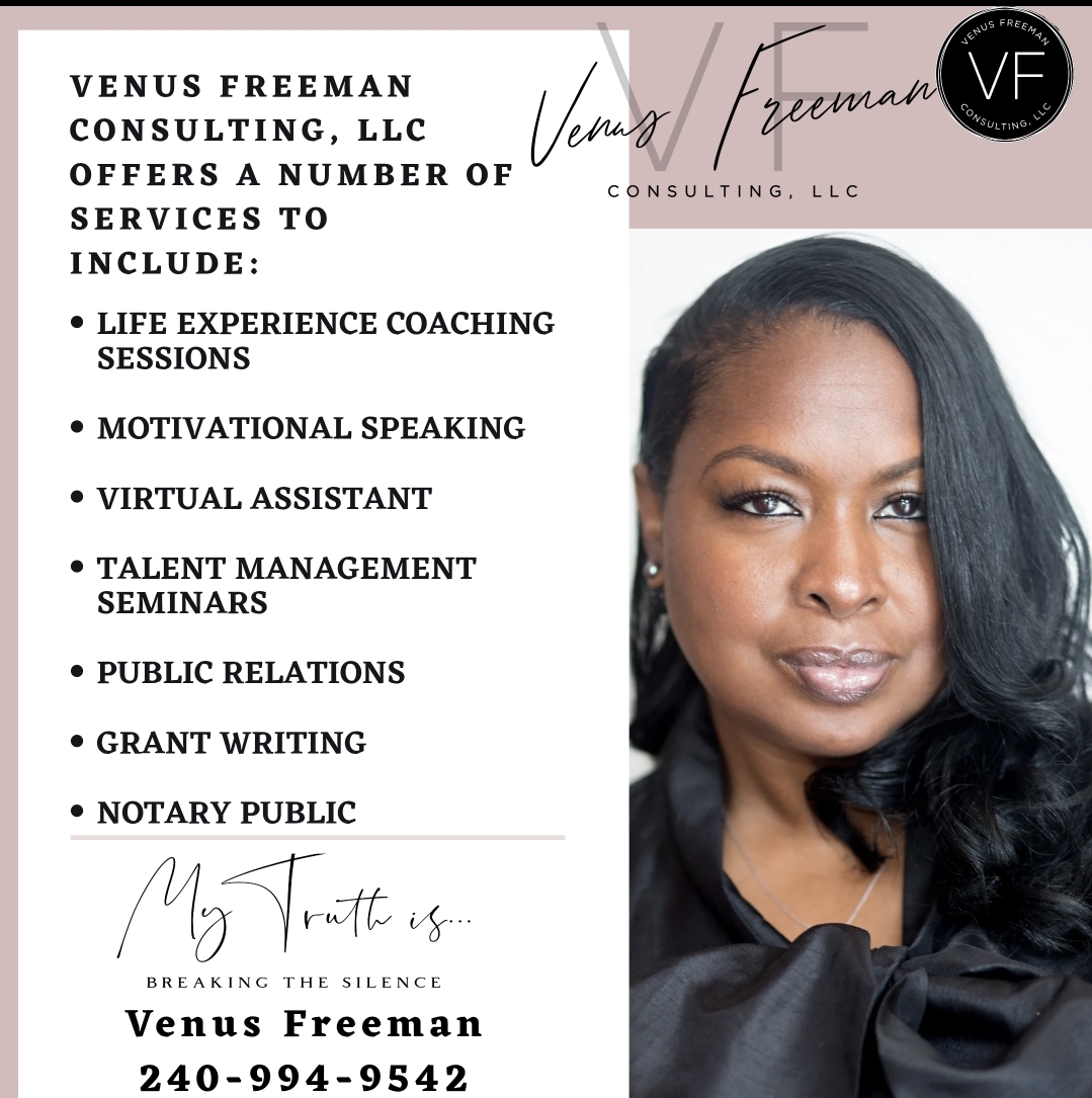 Business card featuring Venus Freeman's photo, contact info, and list of consulting services offered.